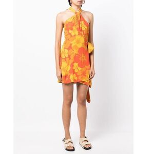 Faithfull the Brand Odette Floral Halter Neck Backless Wrap Mini Dress Orange S